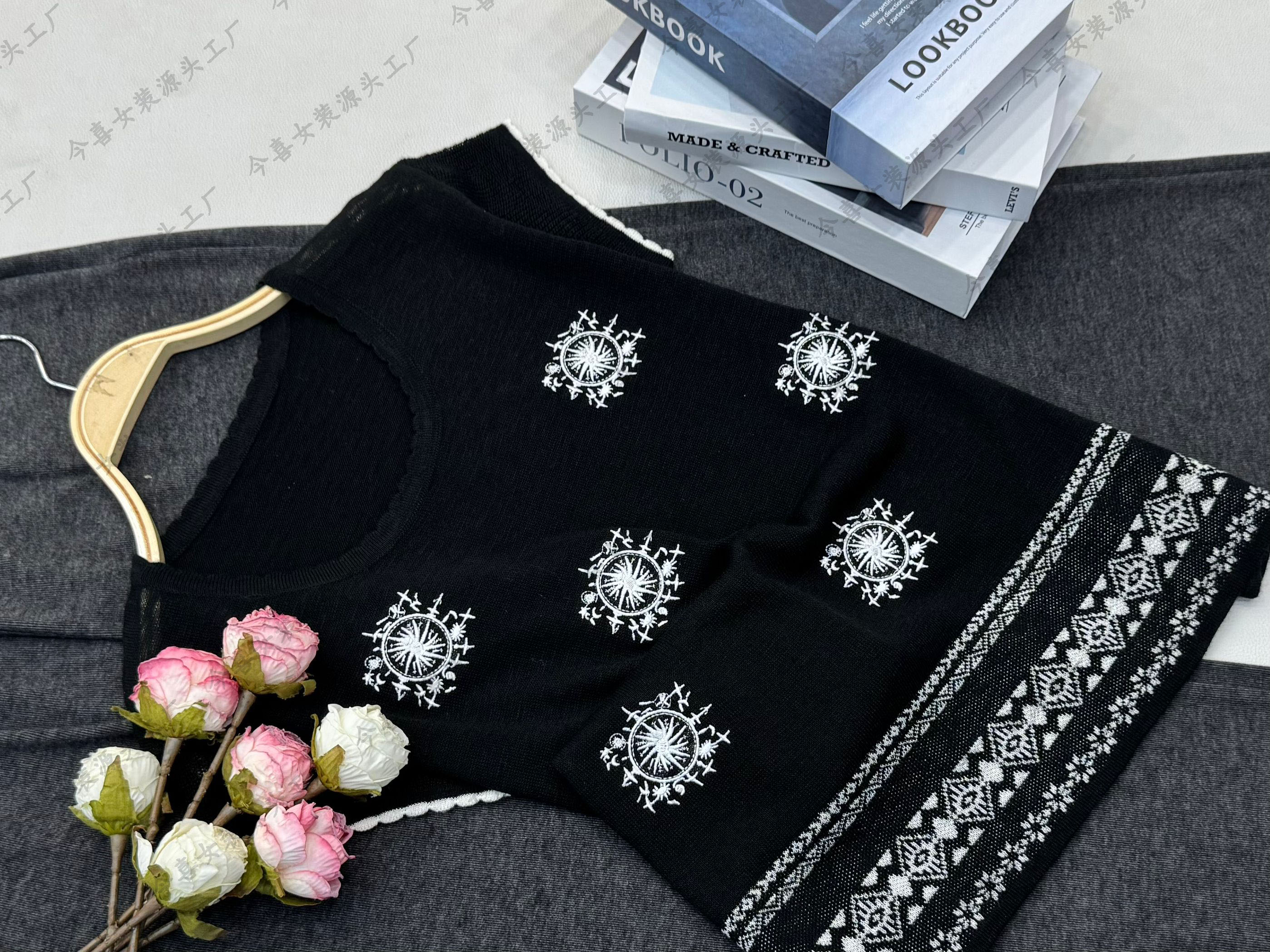 【黑色圆领刺绣】新款休闲短袖时尚针织上衣QC3329