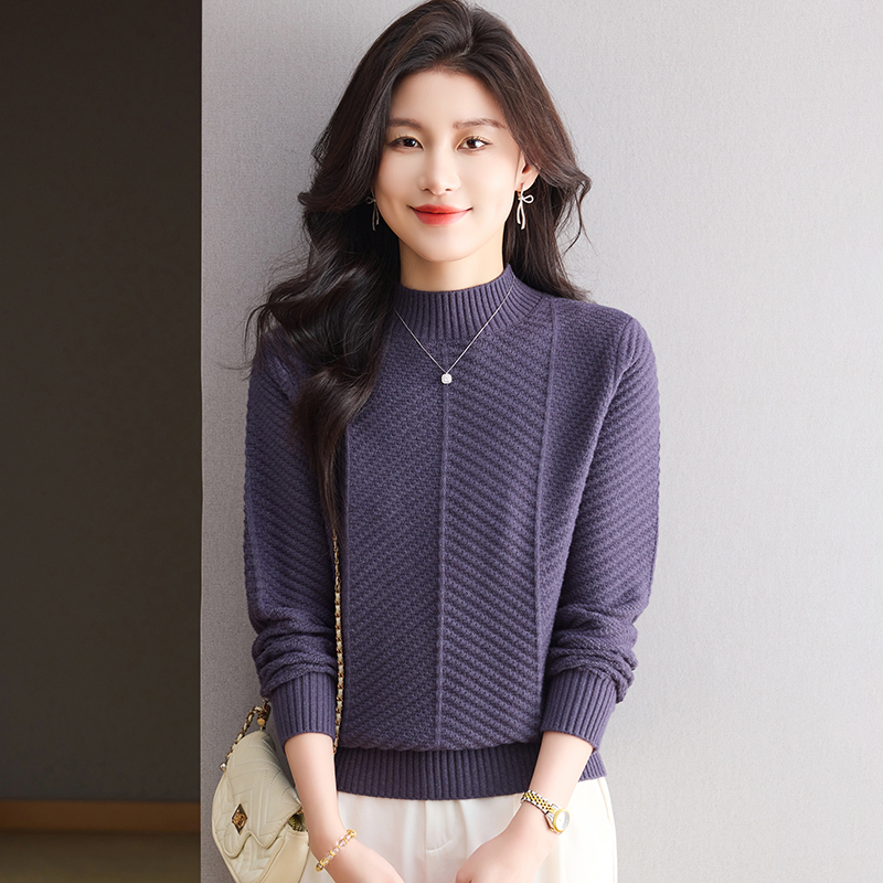 羊毛衫长袖毛衣纯色上衣针织衫百搭时尚半高圆领套头针织衫女