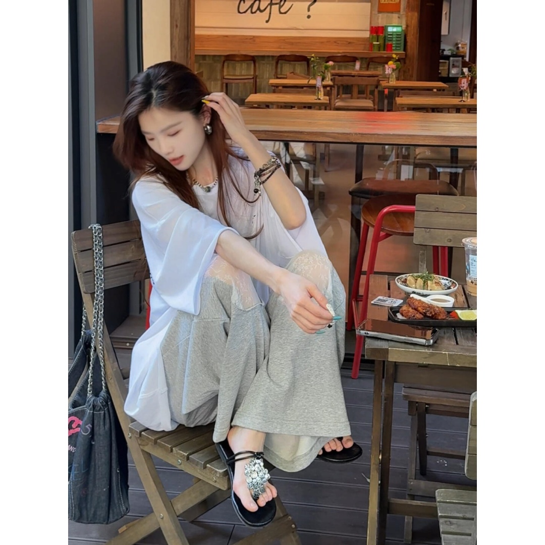 慵懒松弛感穿搭白色显瘦短袖上衣时尚洋气蕾丝休闲长裤两件套装潮