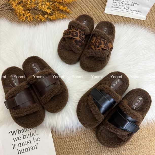 2025秋冬新款魔术贴一字带时尚网红百搭气质舒服爆款厚底毛拖鞋女