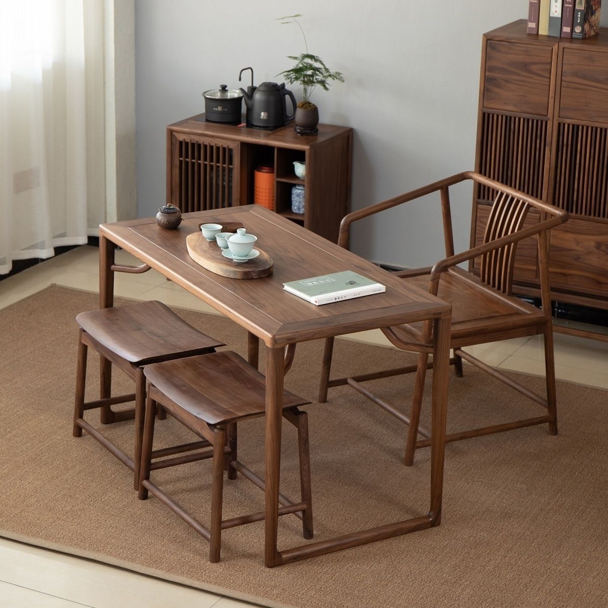 新中式茶桌椅组合黑胡桃色实木干泡台小户型禅意老榆木阳台小茶桌