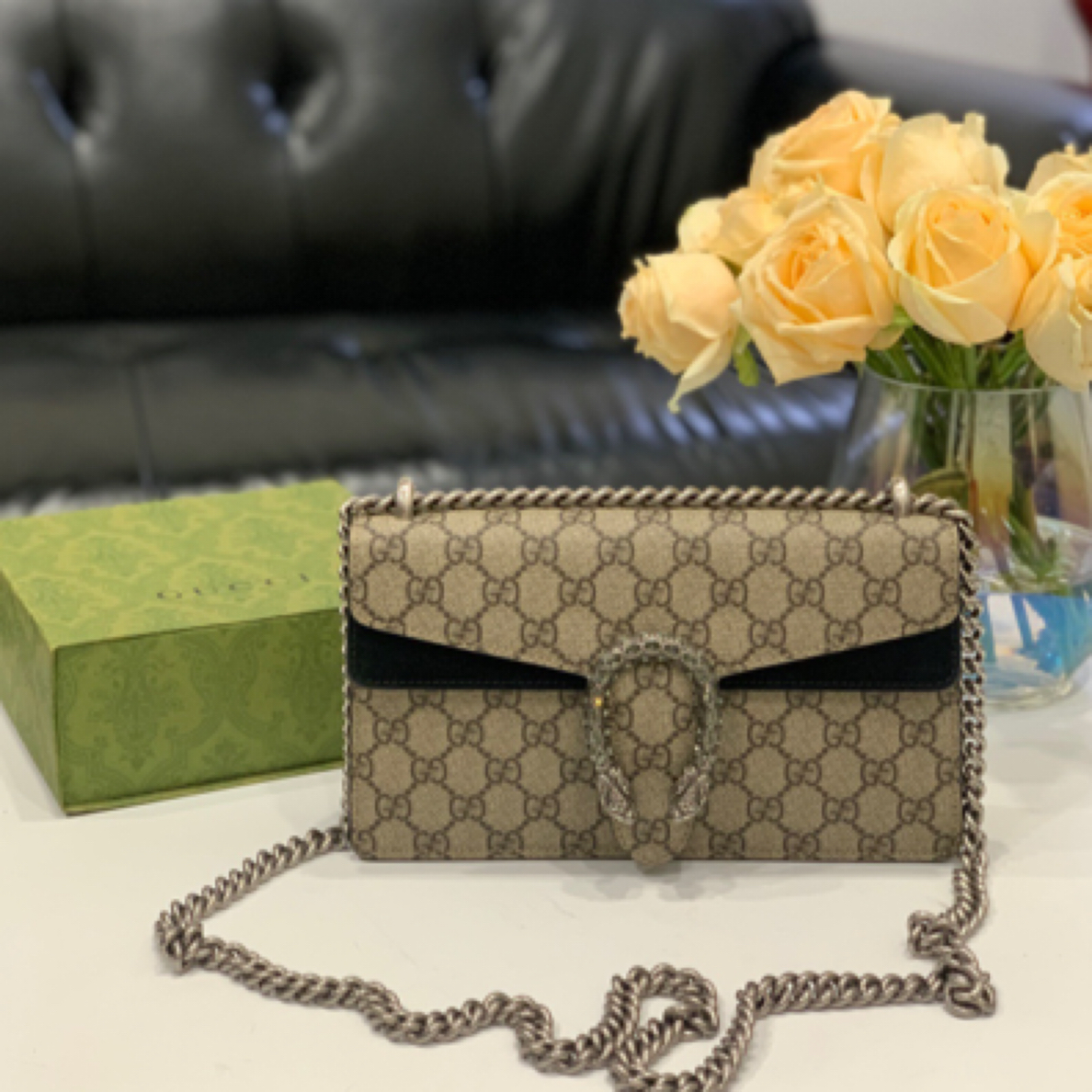 95新 GUCCI/古驰 新款钻扣酒神老花拼黑色