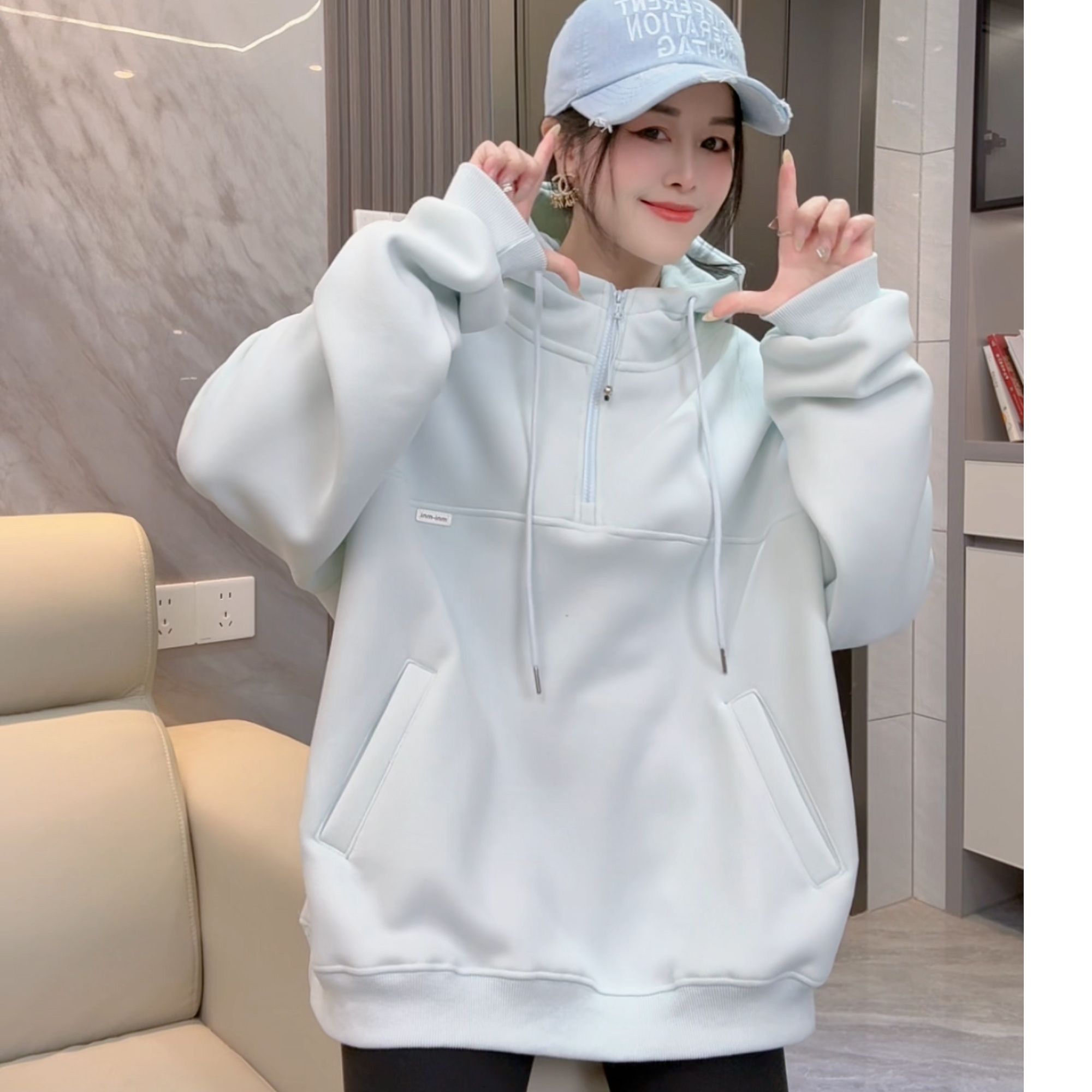 加厚奥利绒连帽宽松套头半拉链卫衣2025年慵懒风卫衣外套加绒卫衣