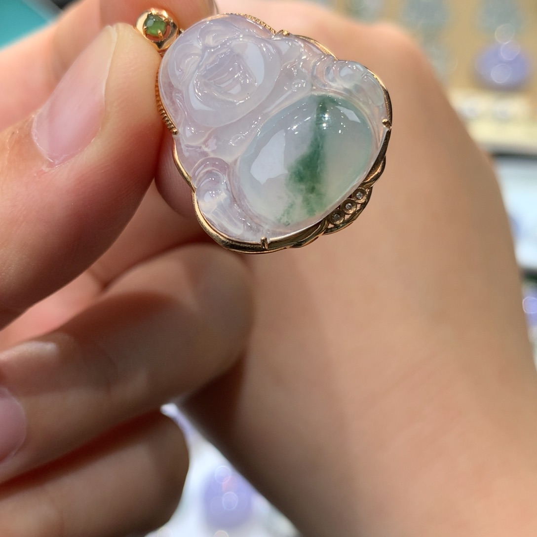 翡翠吊坠(不含链)18K金镶嵌佛公