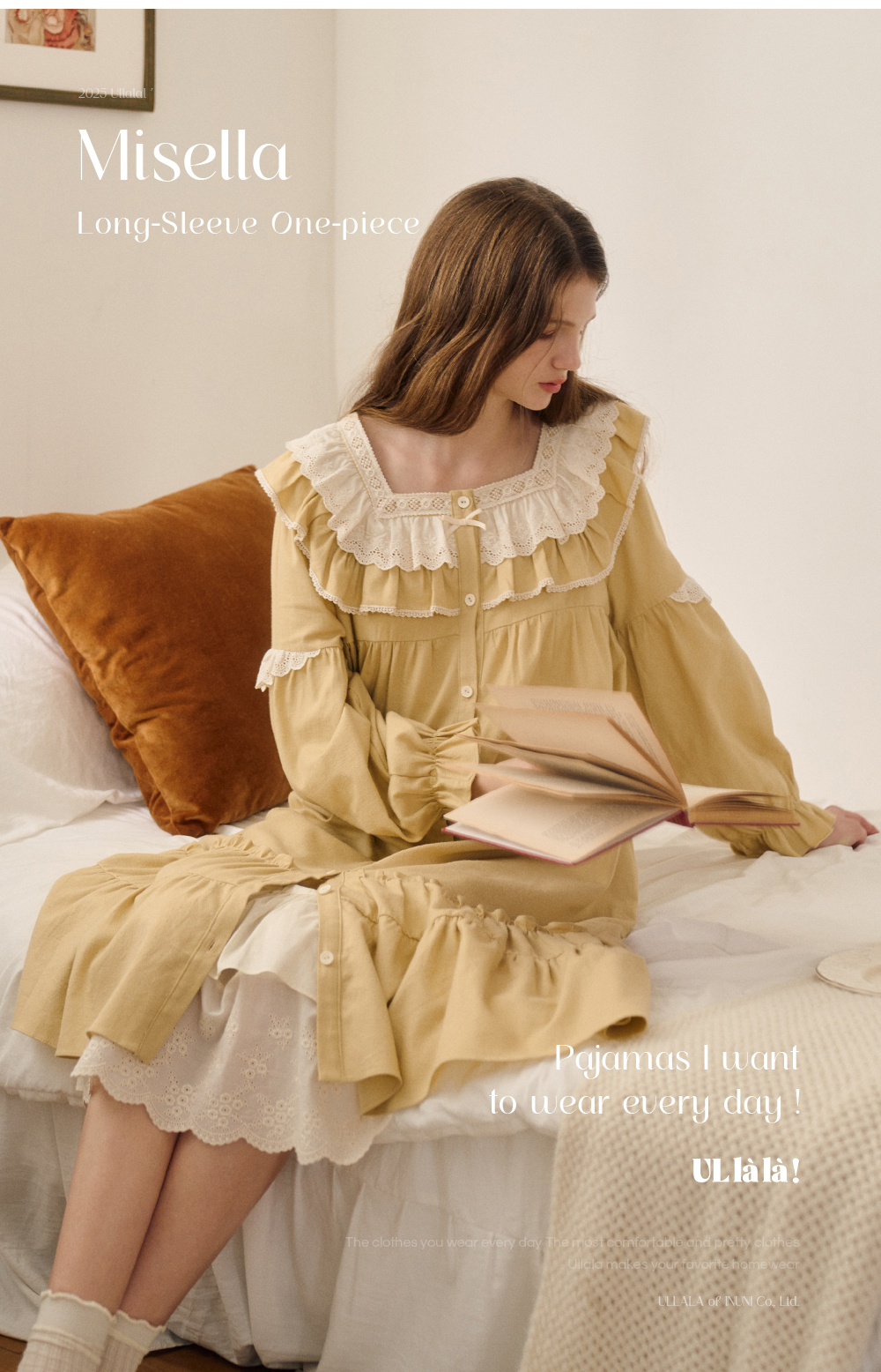 Ullala乌拉拉韩国进口纯棉方领睡裙女秋冬家居服长裙轻磨毛