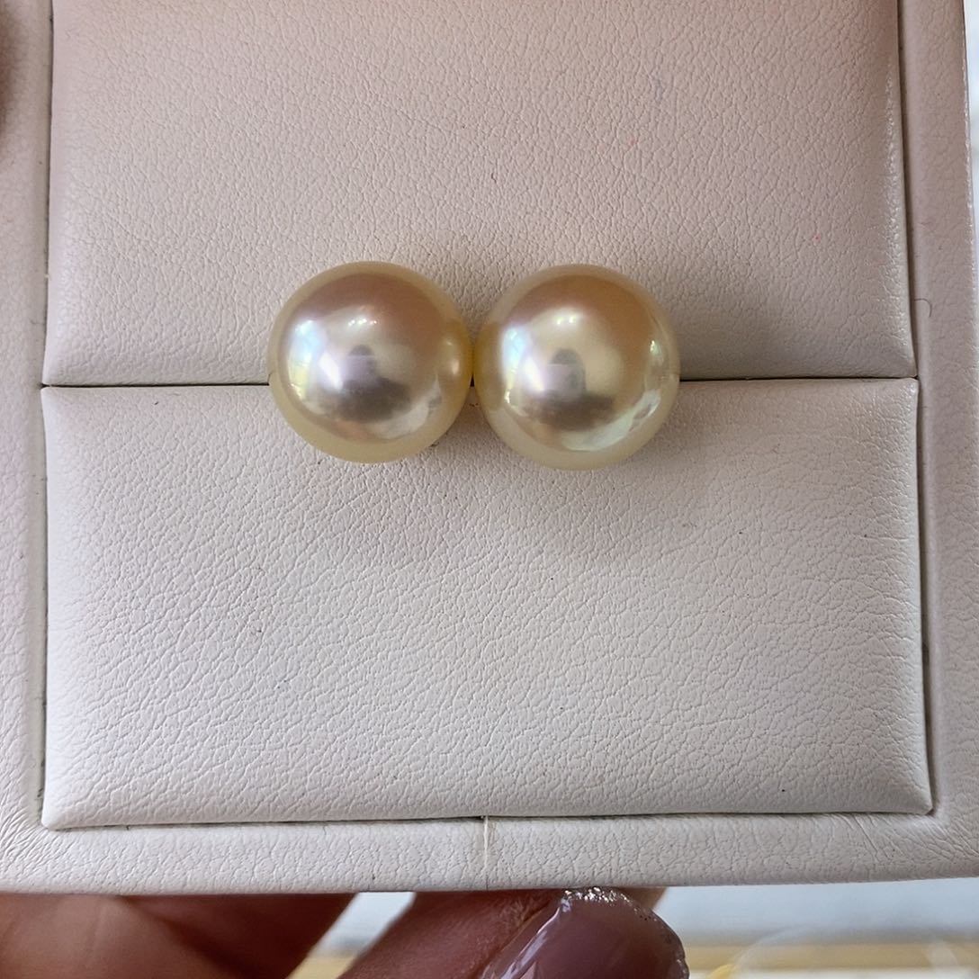 海水珍珠耳饰18K金镶嵌南洋干枯金珠12-13m m
