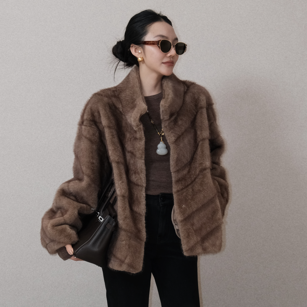 FUYUE赴约  品质帕斯条人造毛小立领贵气外套百搭