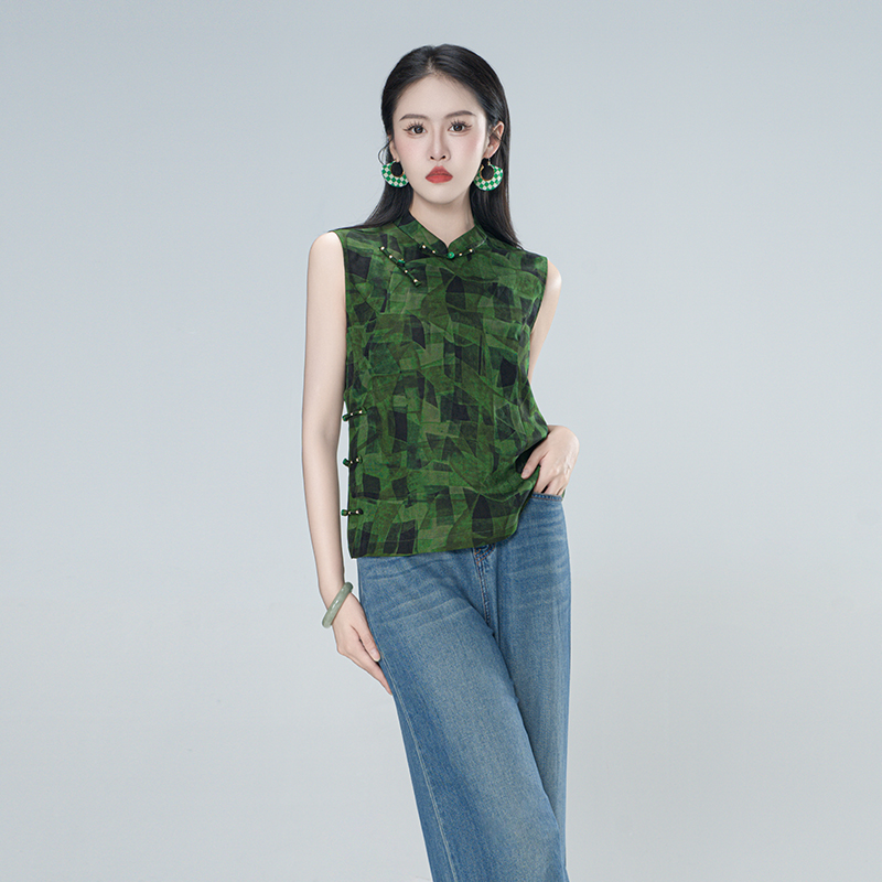 青娘子-香云纱(淡烟)印花花萝斜襟新中式宽松复古立领短马甲61221