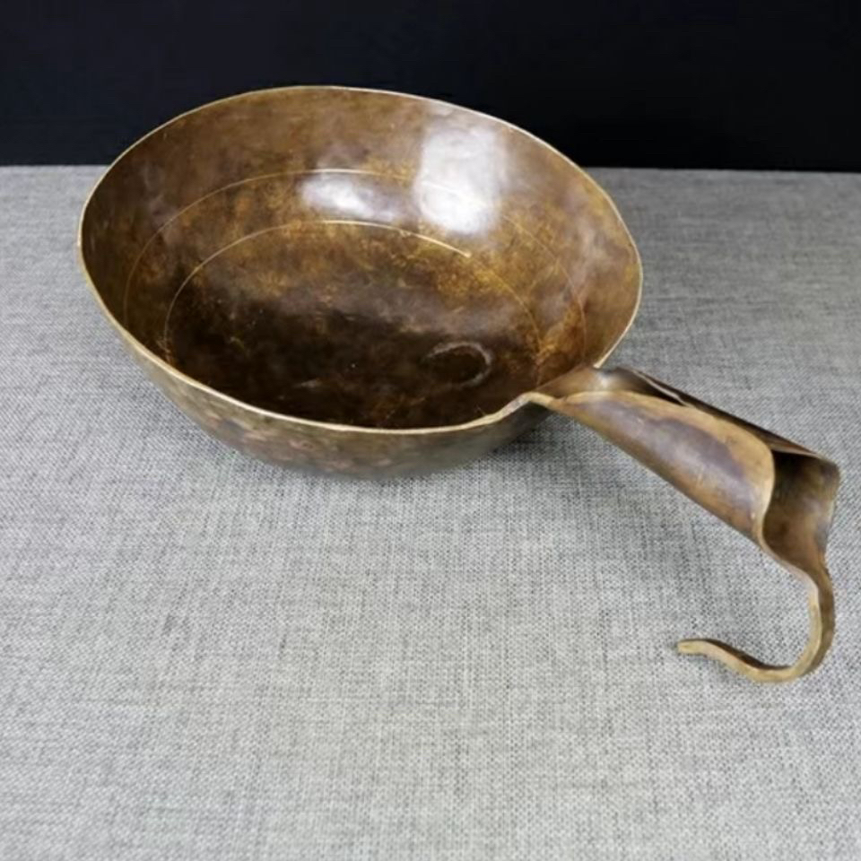 复古黄铜水瓢铜锅手工锻打 舀子水舀 小炒瓢锅 可煮菜煮面小炒