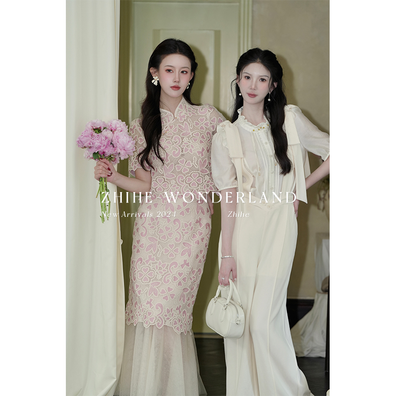 无艳一禾【花崎】原创清逸蕾丝钩花醋酸衬衫+蝴蝶系带直筒裤