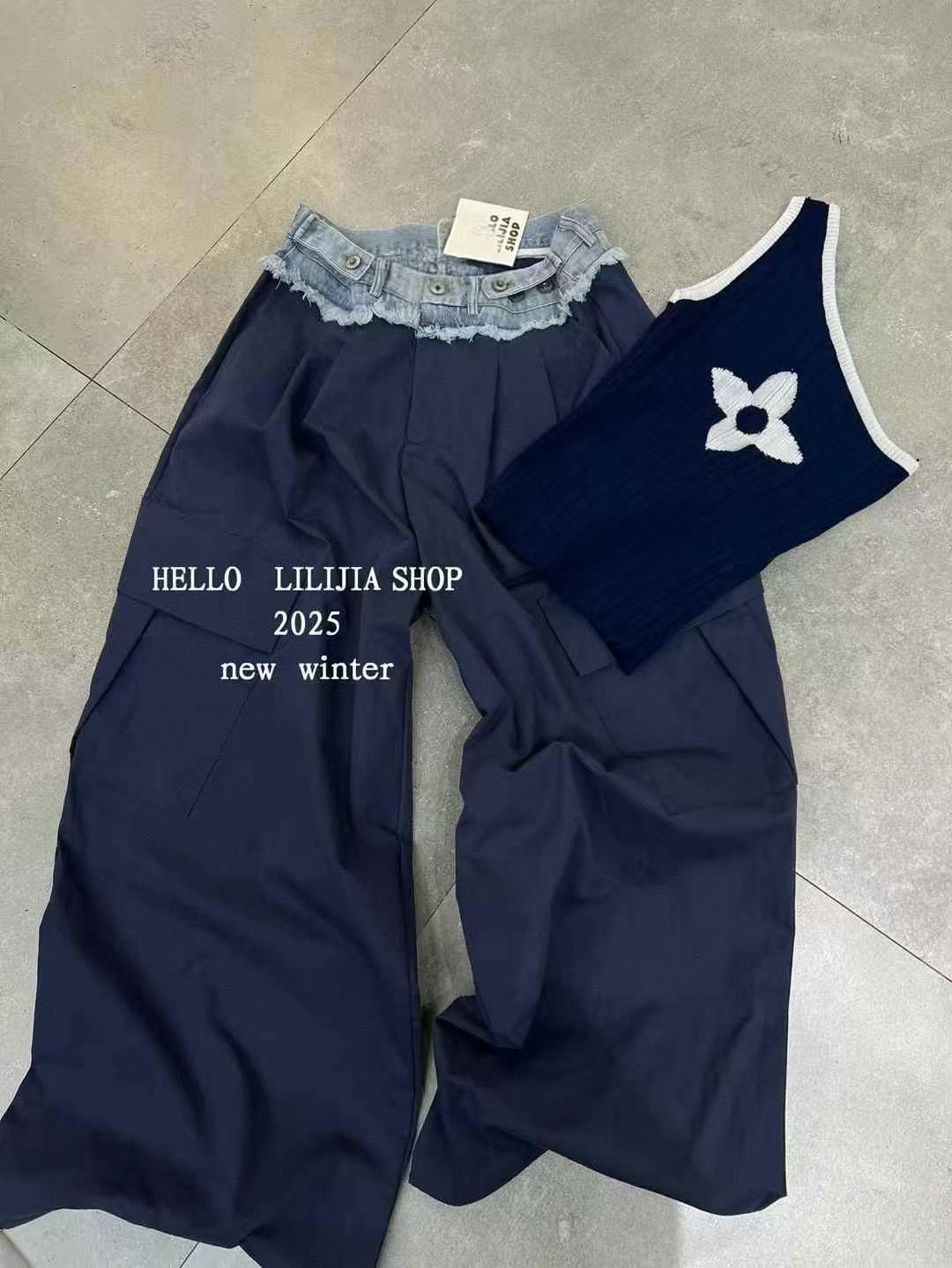 夏季个性拼接毛边口袋工装裤腰头可调显瘦阔腿长裤