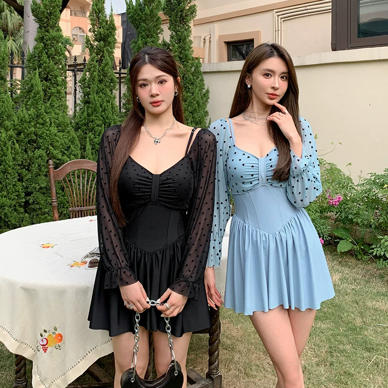 （大码）泳衣女款连体裙式复古波点长袖少女甜美保守显瘦遮肉泳衣