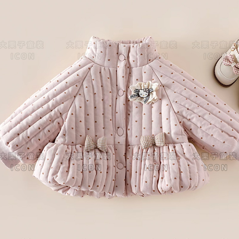 大栗子女童宝宝棉服外套韩系粉色蕾丝冬韩版保暖花边外套上衣