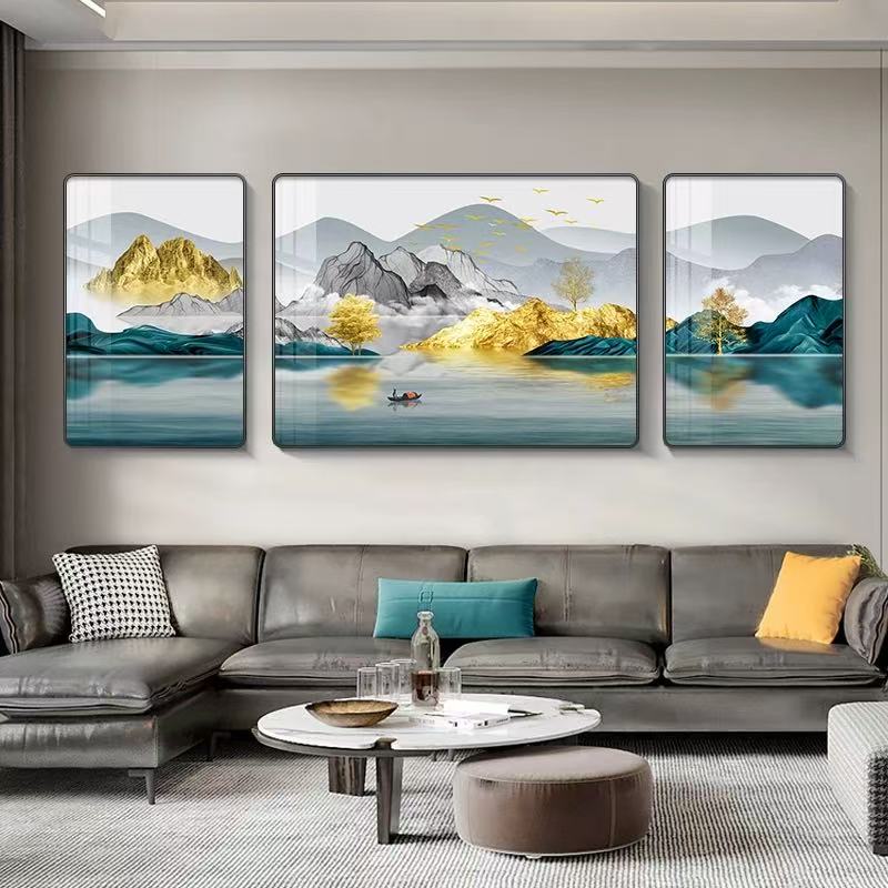 M006客厅装饰画轻奢沙发背景墙挂画简约现代山水画三联壁画墙画