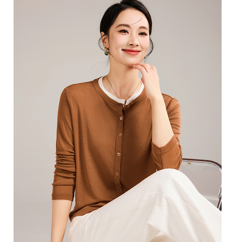 【天丝羊毛】假二件女式圆领长袖开衫时尚打底衫空调衫针织外搭759