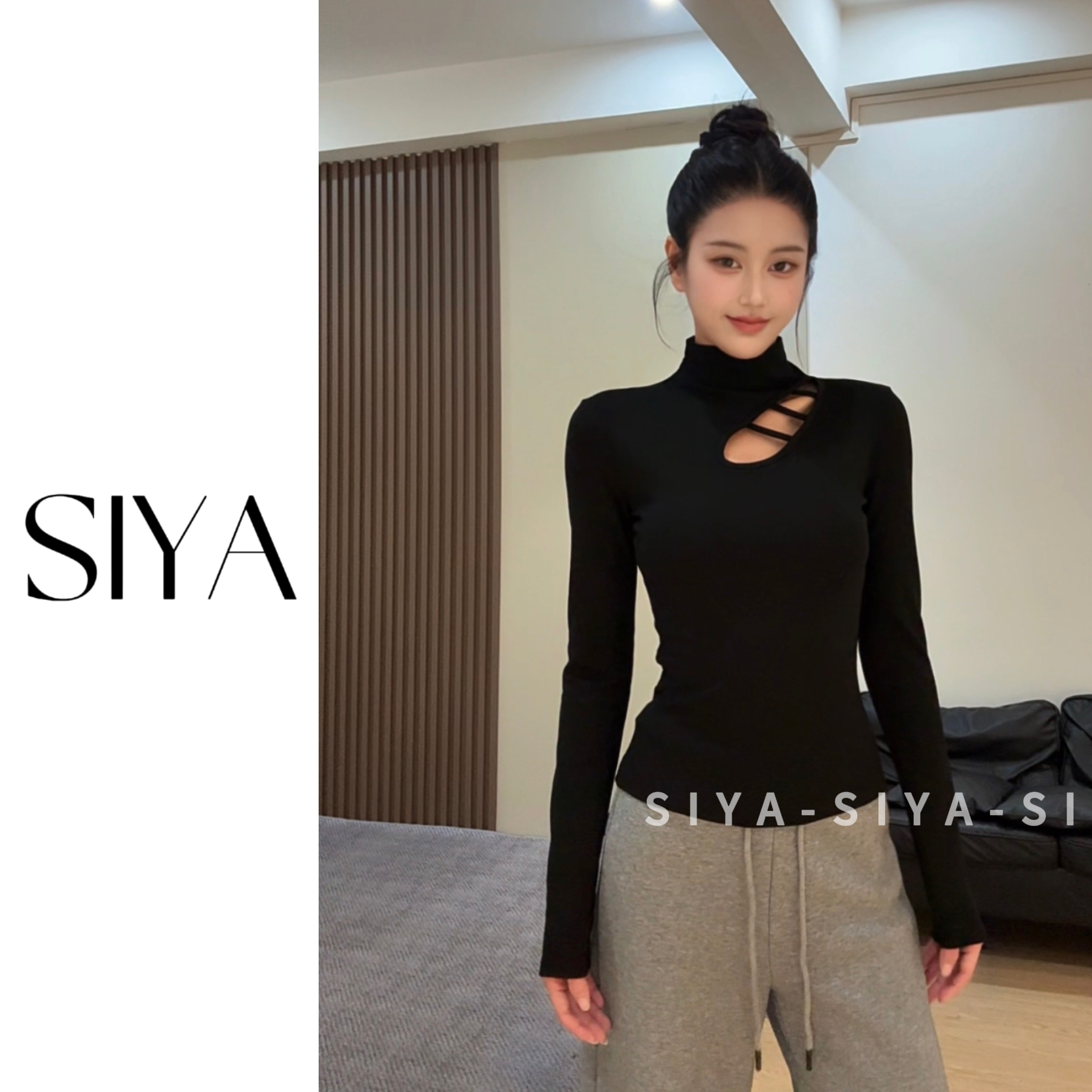 【SIYA】镂空高领时尚修身显瘦百搭气质秋冬新款上衣打底