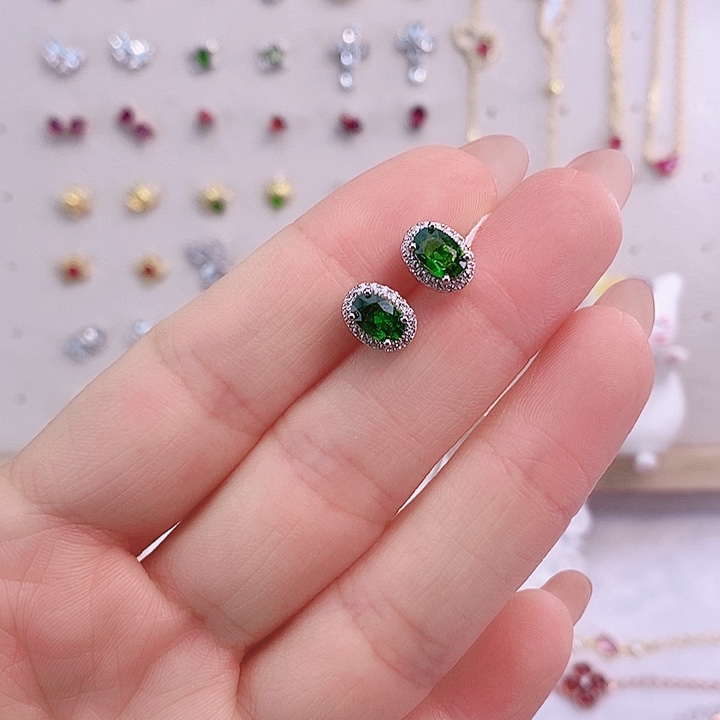 透辉石耳饰银S925镶嵌