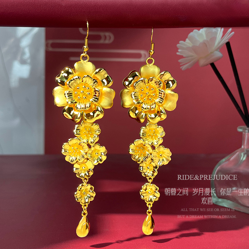 铜合金耳饰 镀黄金色繁花似锦耳环新娘结婚三金道具耳饰精致饰品