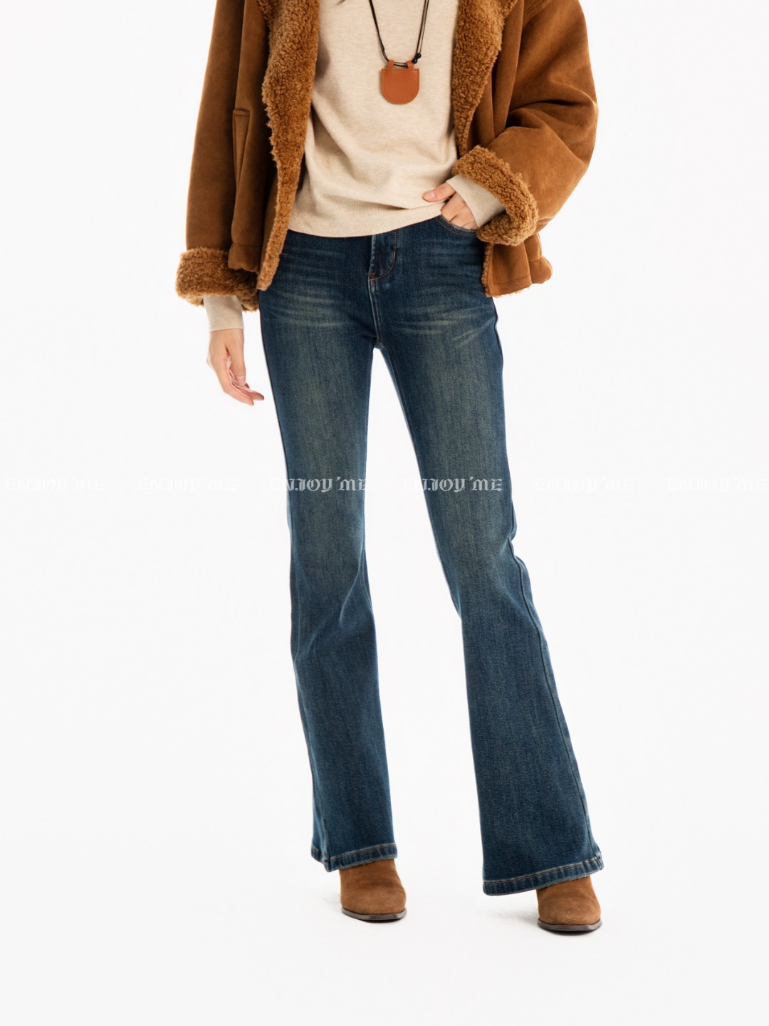 【门店同款】ENJOY冬季豹纹皮牌磨毛喇叭裤167794130