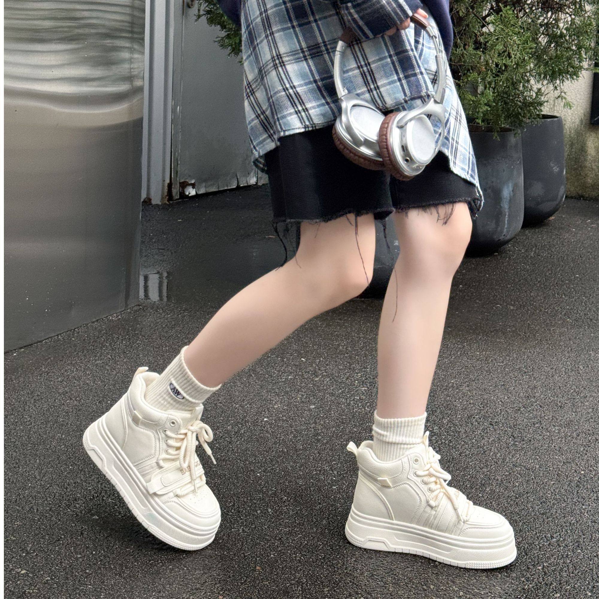 J.WON劲王纯色百搭圆头拼色注塑韩版秋季高帮鞋系带时尚高帮板鞋