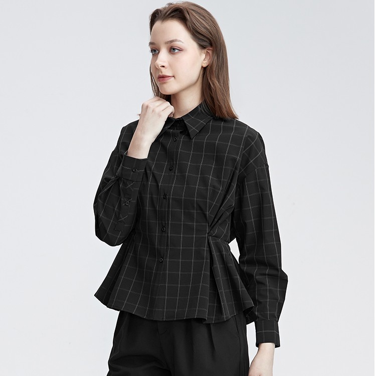 圣迪奥女装时尚休闲翻领撞色格纹抽褶长袖衬衫S22180529