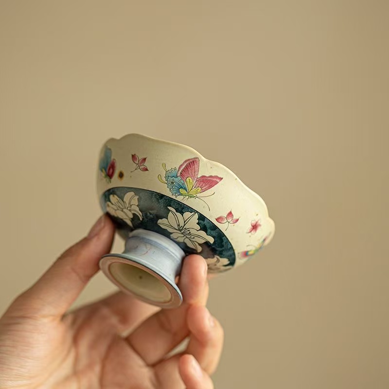 青花火石红仿古手绘蝶舞百合高足杯高档陶瓷茶杯主人杯品茗杯单杯