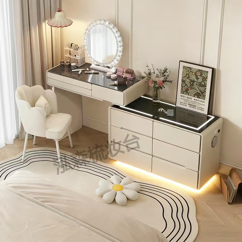 新款实木智能梳妆台卧室现代简约奶油风转角化妆桌斗柜一体家用
