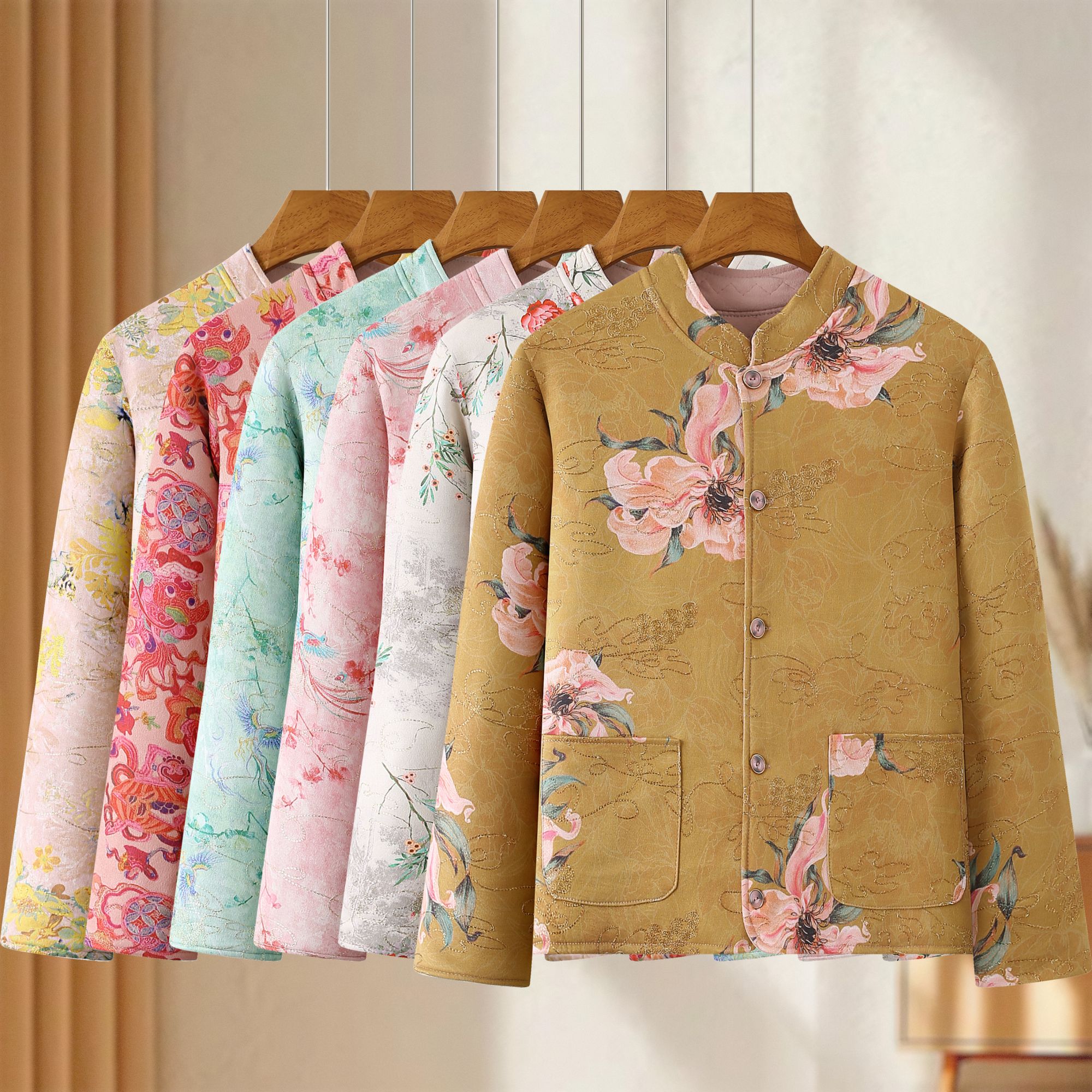 碎花宽松型女装厚款棉袄棉服棉衣开衫圆领中老年女装气质冬季