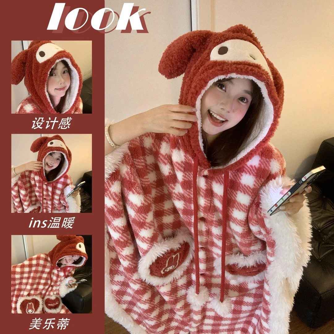 可爱美乐蒂格纹斗篷睡袍珊瑚绒睡衣女冬季加绒睡袍女冬加厚加绒