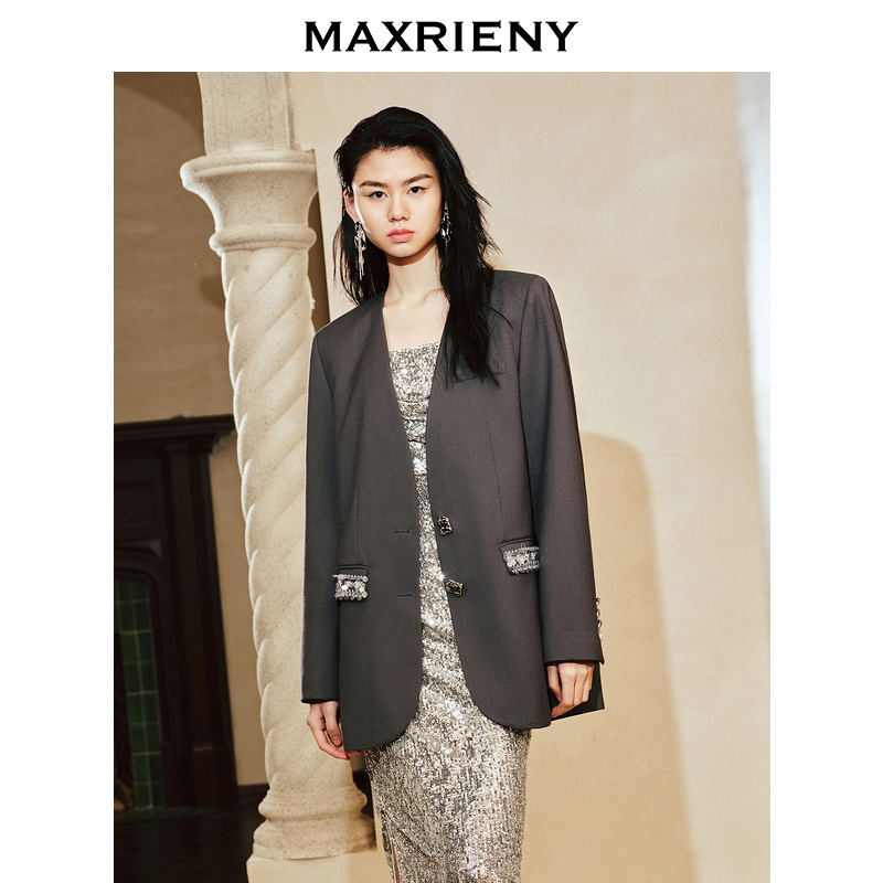 【商场同款新品-摩登女爵】MAXRIENY都市奢华感无领廓形西装外套202