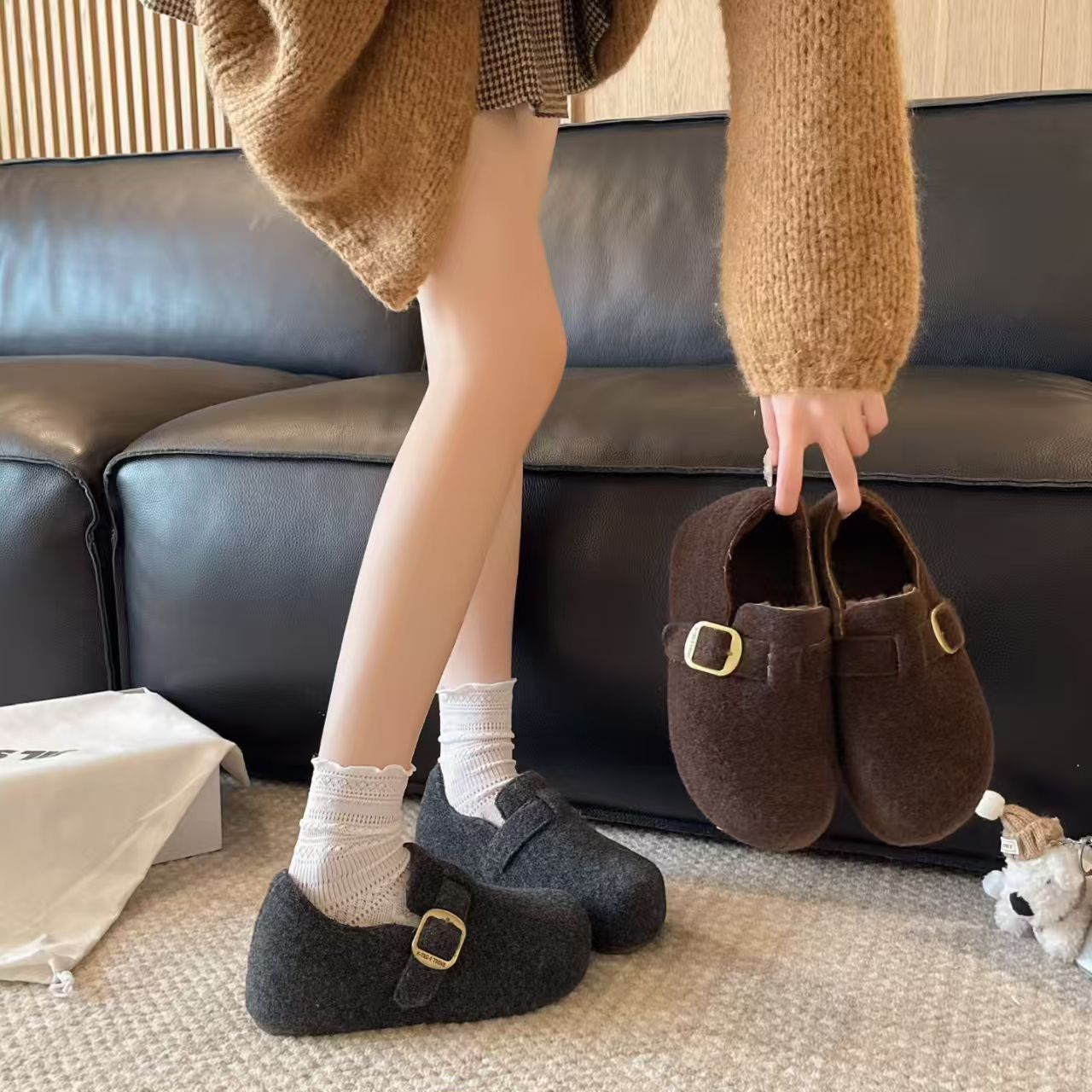 3122加棉厚底勃肯鞋内增高平底毛呢包头2025新款女鞋（卡码拍小）