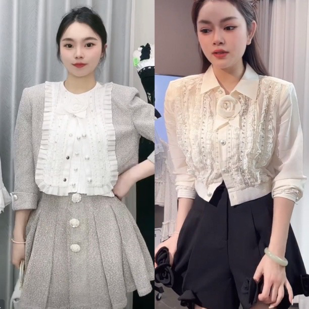 辰辰服饰钉珠重工杏色衬衣衬衫