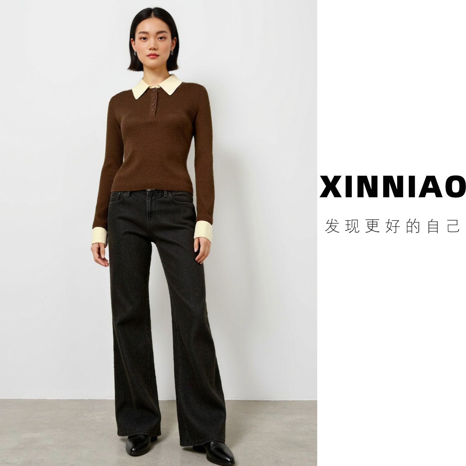 [复古学院]XINNIAO绵羊毛混纺假两件POLO领撞色针织衫秋冬显瘦