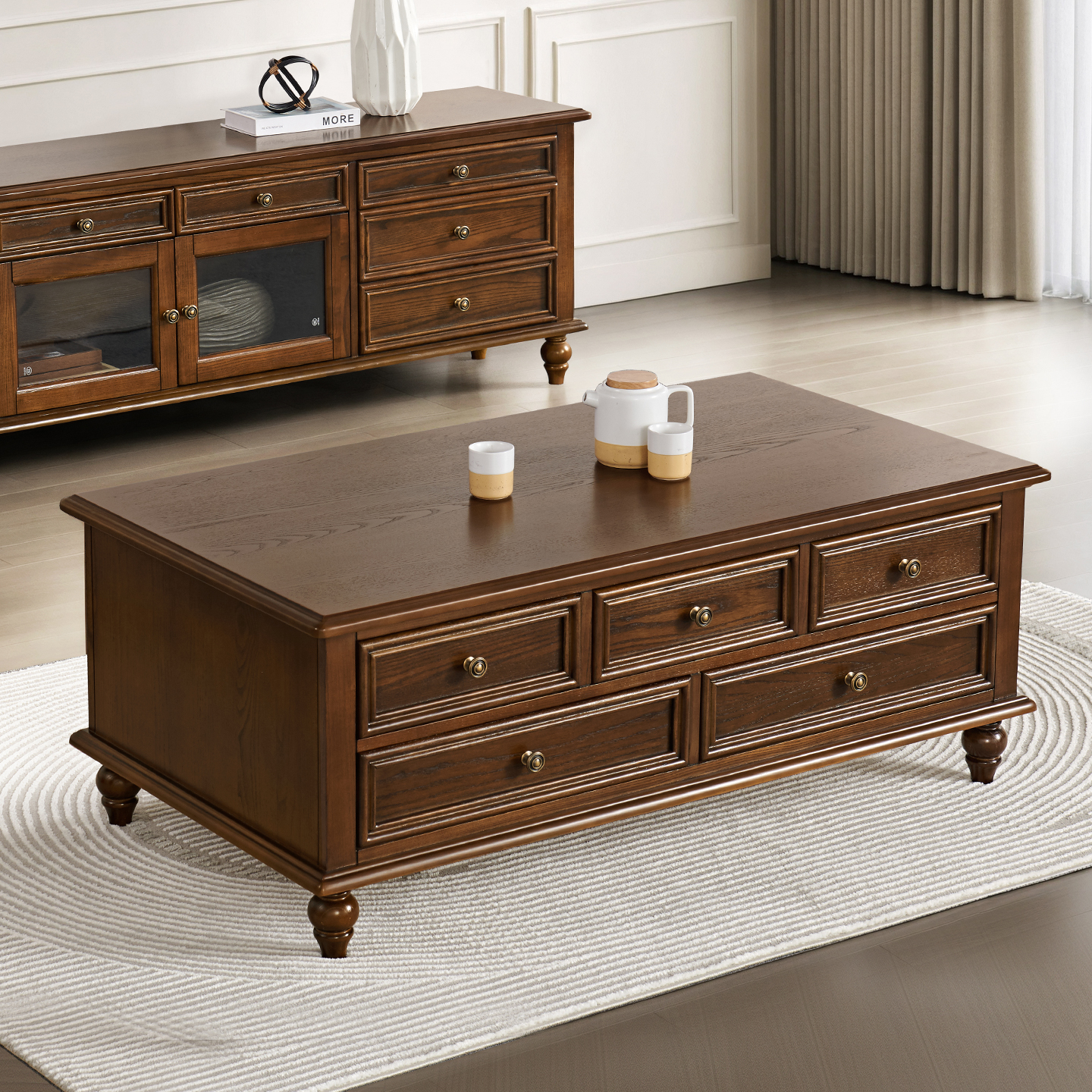 美式实木茶几电视柜组合收纳储物柜轻奢乡村复古家用客厅