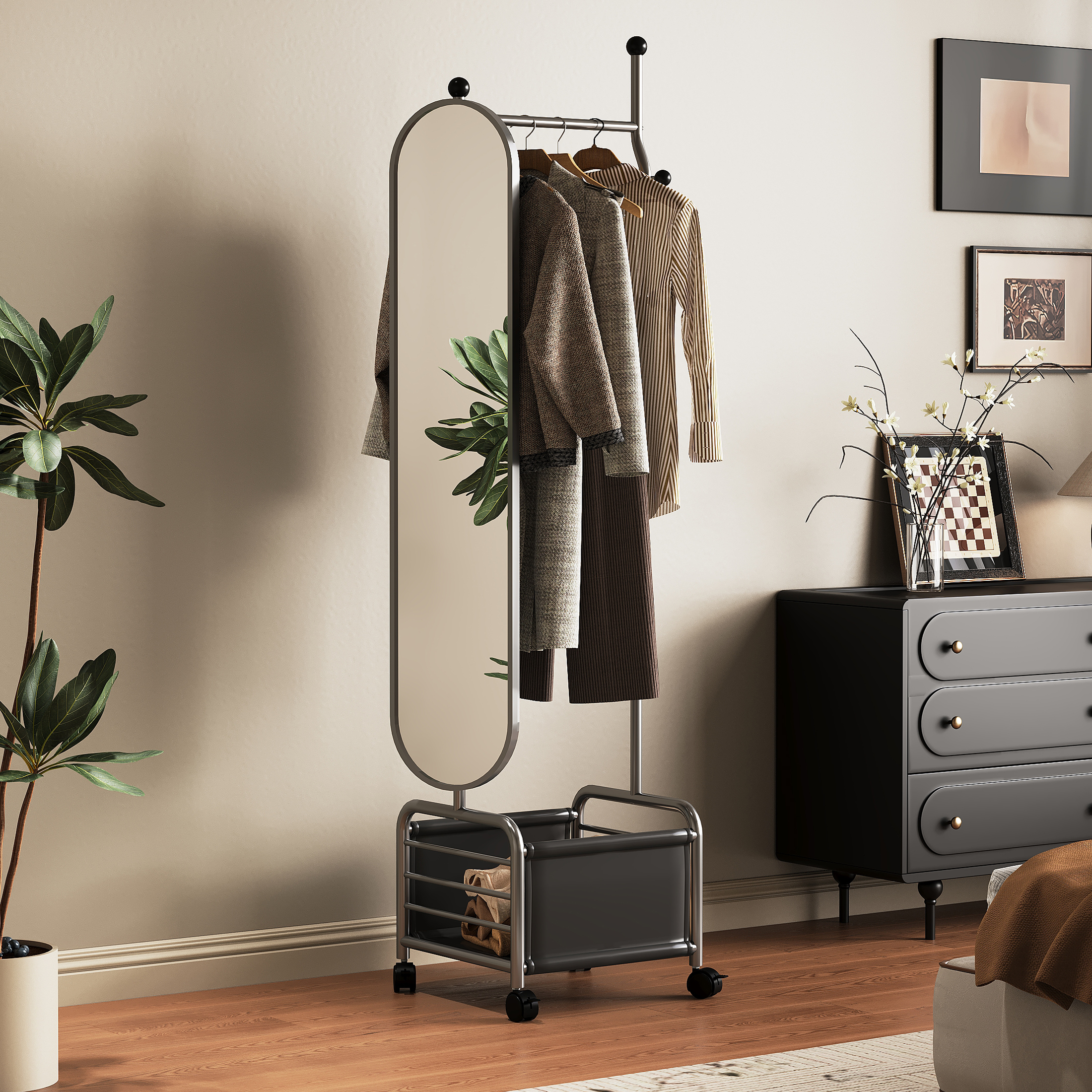 棠克奶油风可移动全身镜落地镜家用旋转穿衣镜衣帽架一体试衣镜