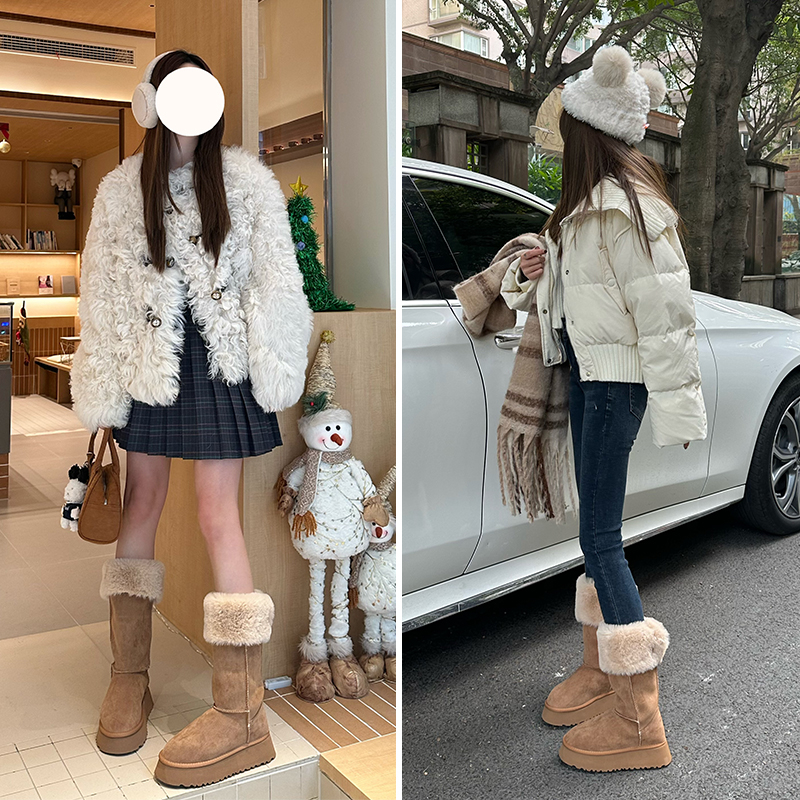 厚底雪地靴女2025新款冬季两穿长靴东北加绒加厚高筒棉靴皮毛一体