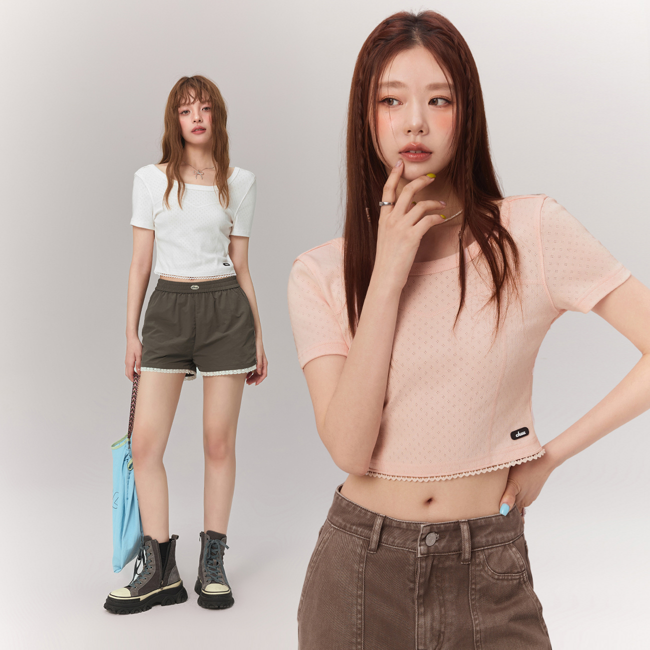 D002W【金拐子专属】CHUU蕾丝拼接短款辣妹芭蕾风正肩弹性T恤-F