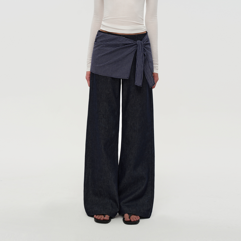 PUKI 原牛复古拼接叠穿假两件方巾格纹绑带阔腿牛仔直筒牛仔裤