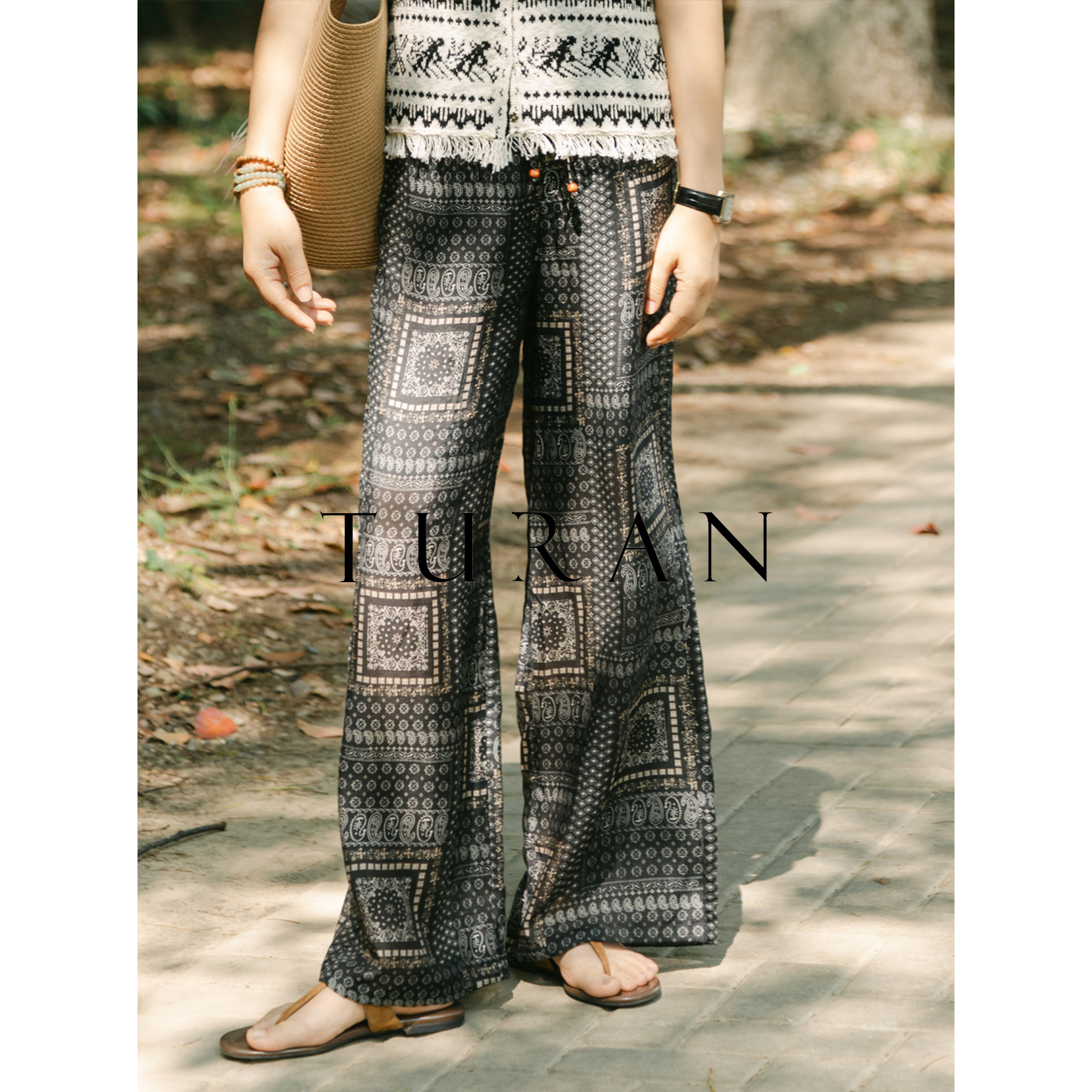 腰果花防晒天丝轻纱裤波嬉风定位印花长裤设计师显瘦TRZY0933