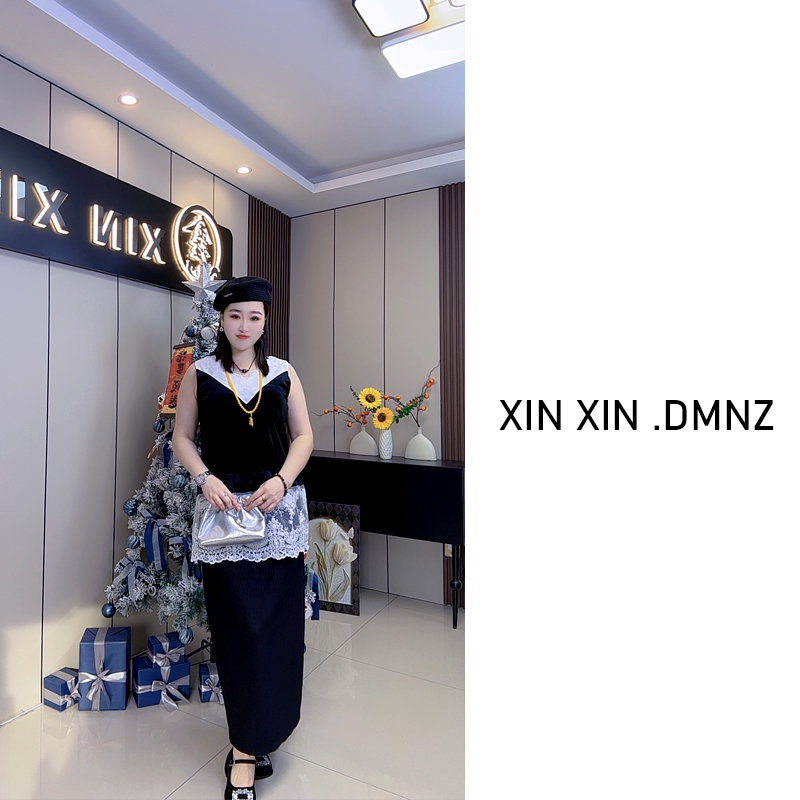 春季新款法式蕾丝背心+裙爆款撞色无袖上衣打底衫遮肉高级两件套