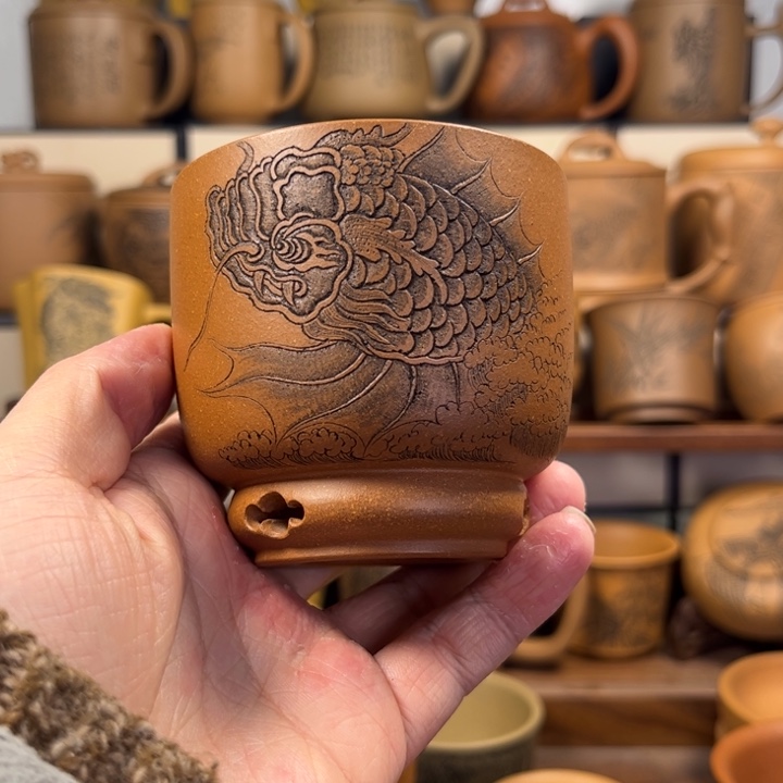 言***笑杯子紫砂无锦盒鱼化龙刻绘紫砂主人杯