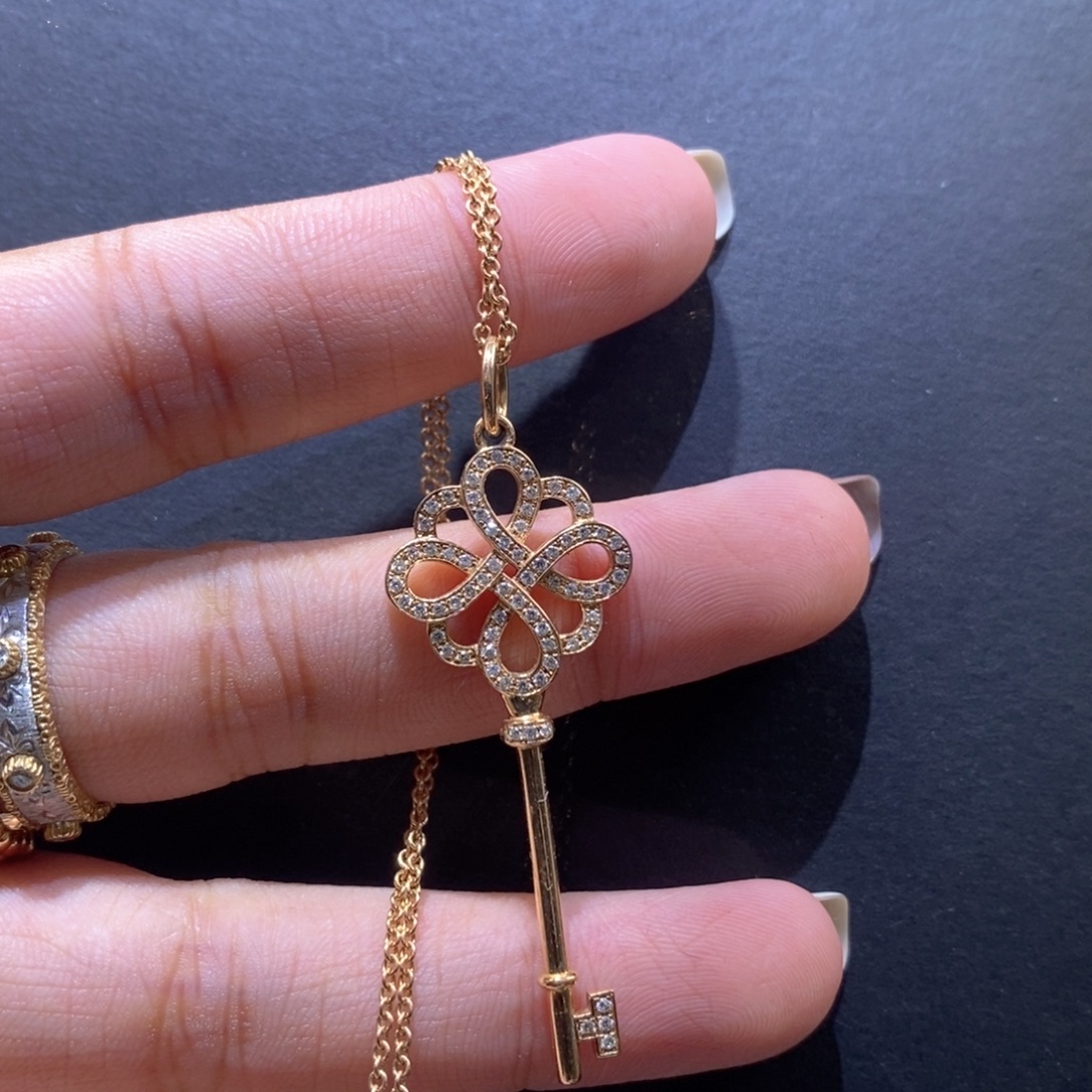 颈饰钻石18K金镶嵌k玫 中国结钥匙项链