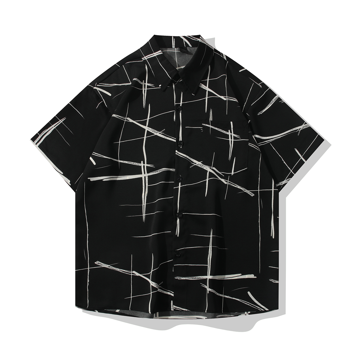 港风复古INS冰丝短袖衬衫男士夏季凉感透气条纹高级宽松衬衣男装