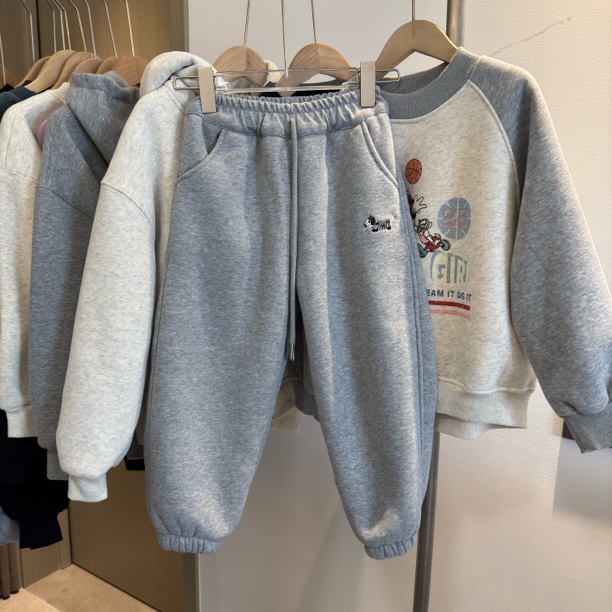 【厚绒】中童加绒加厚保暖灰色卫裤可爱卡通狗狗绣花小童休闲裤针织