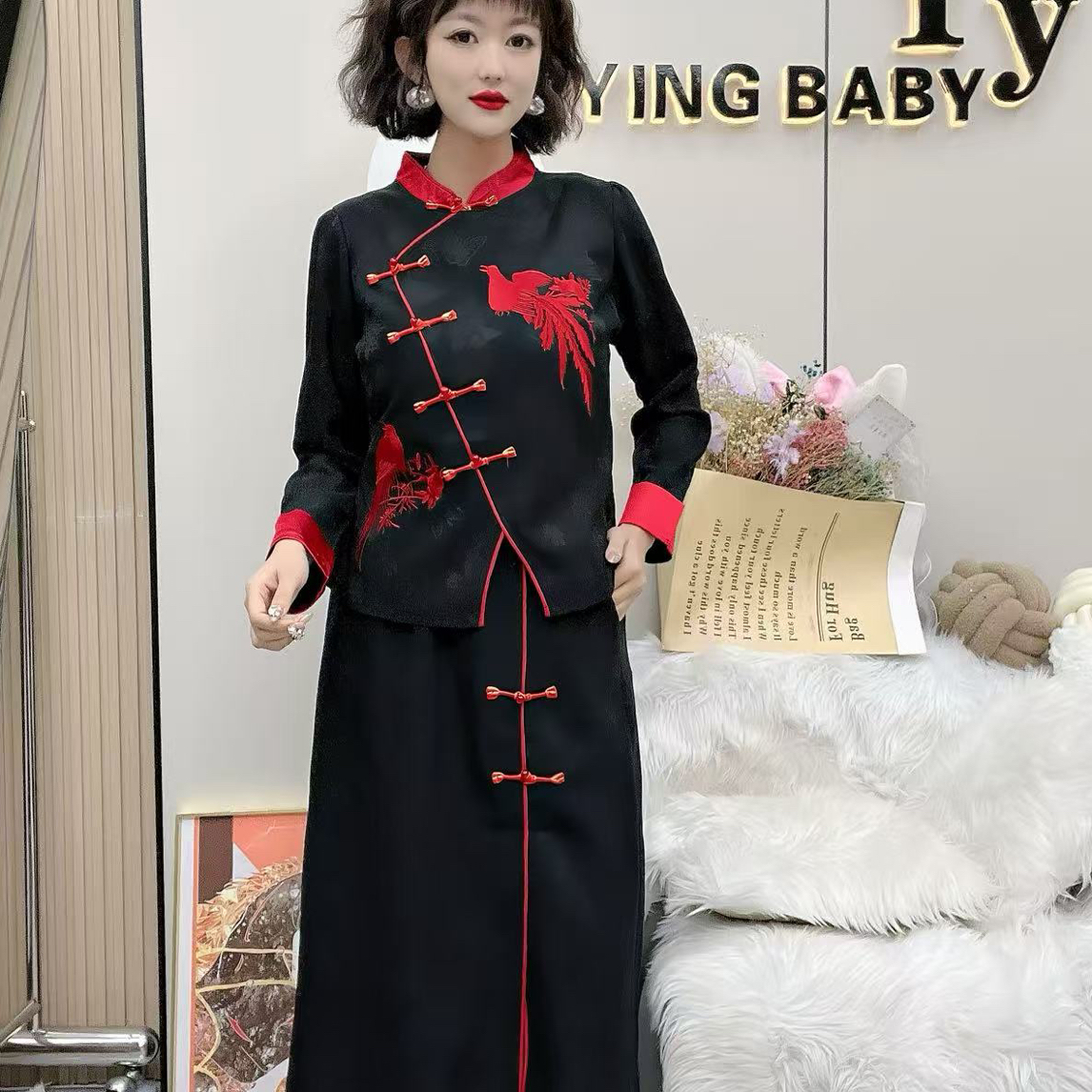 YY 大码(定点时光）复古立领重工盘扣收腰显瘦通勤套装秋冬新款