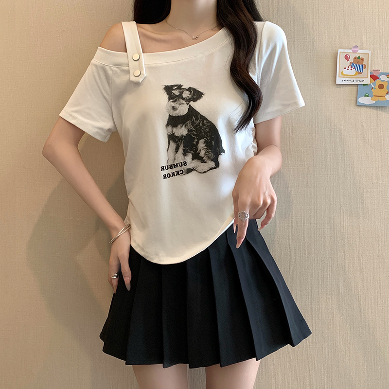 卡莲格/小众设计感露肩狗狗印花短袖T恤女夏新款百搭洋气显瘦上衣