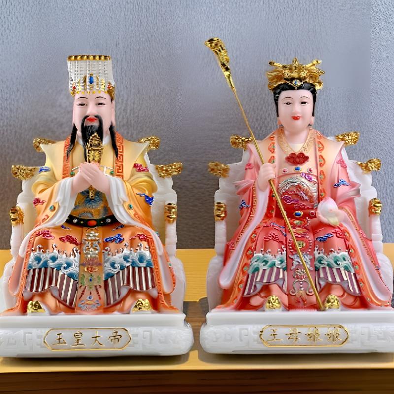 彩绘汉白玉玉皇大帝手工王母娘娘神像家用供奉摆件雕塑工艺品佛像
