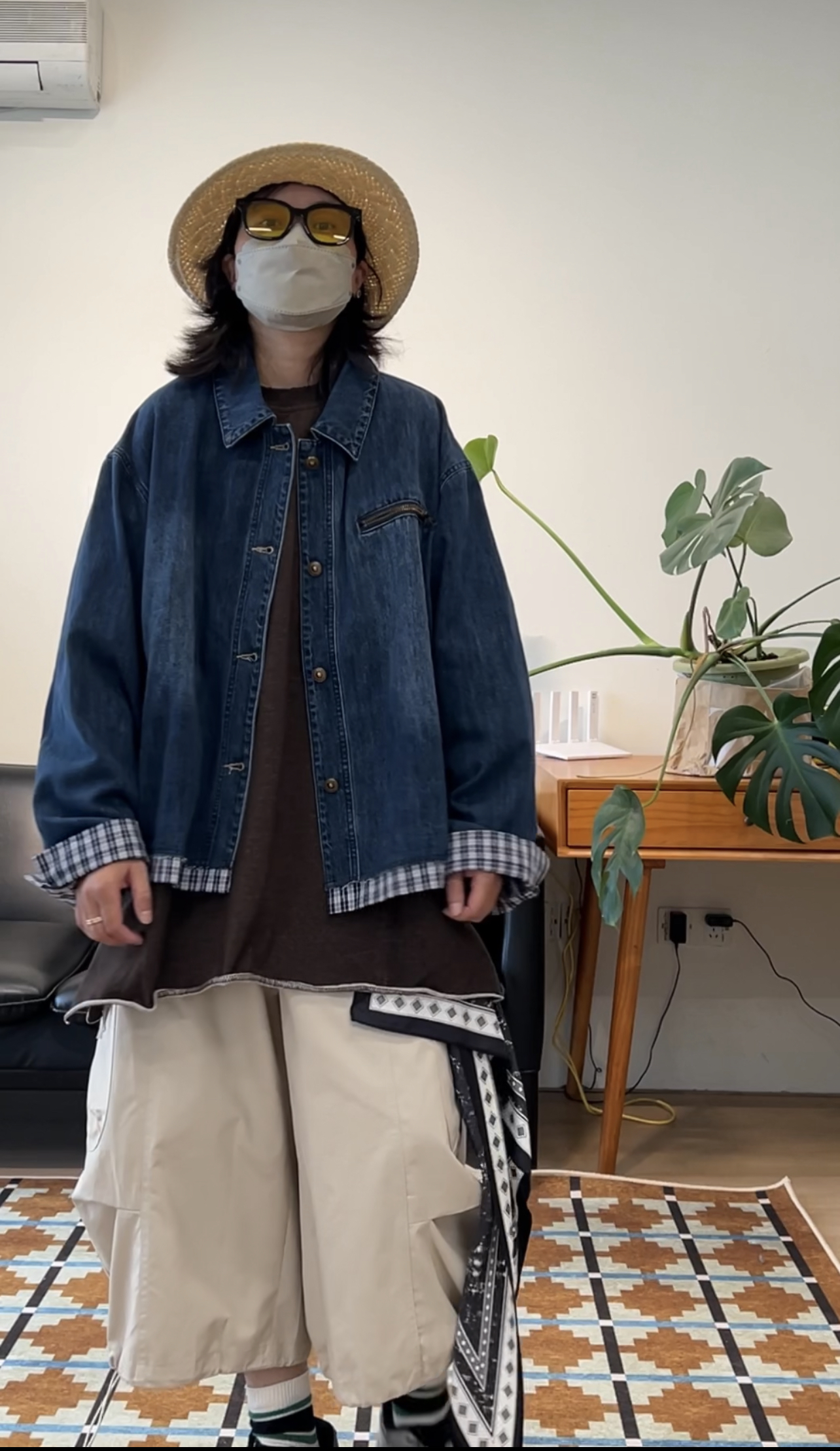 日系复古拼格子牛仔宽松丹宁外套