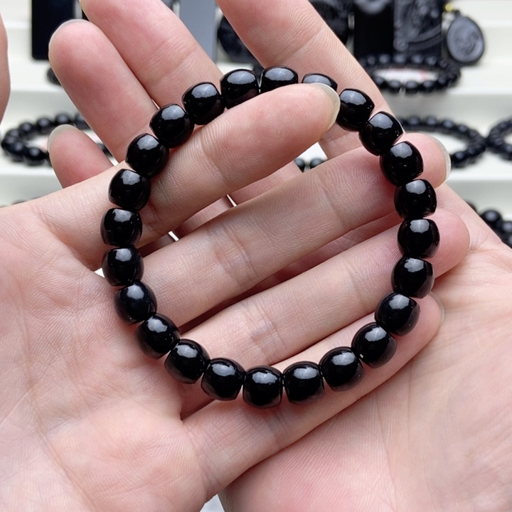 未镶嵌手链和田玉（墨玉）卡9精工鼓珠手串珠宝级夹层料