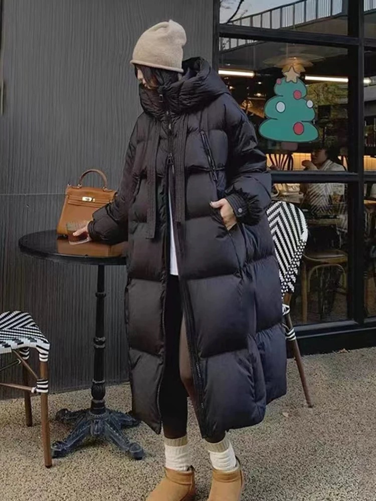 运费险+现货羽绒服反季女长款连帽飘带过膝保暖外套